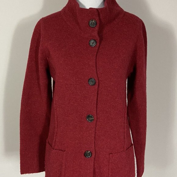 🍎 Eileen Fisher Cardigan Sweater S Red Pockets Mock Neck Hi Low Hem Wool - Picture 1 of 8